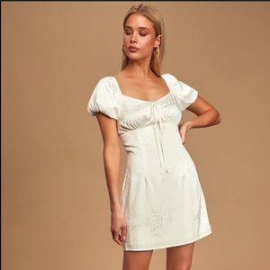 Lulu’s Petal in All White Floral Jacquard Satin Puff Sleeve Dress